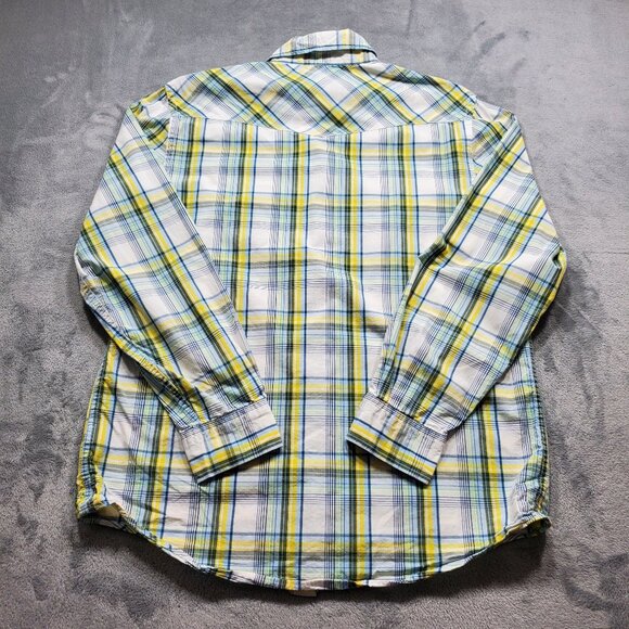 Old Navy Button Down Long Sleeve Plaid Snap Shirt Navy Blue Yellow White Men SzM - Picture 2 of 10